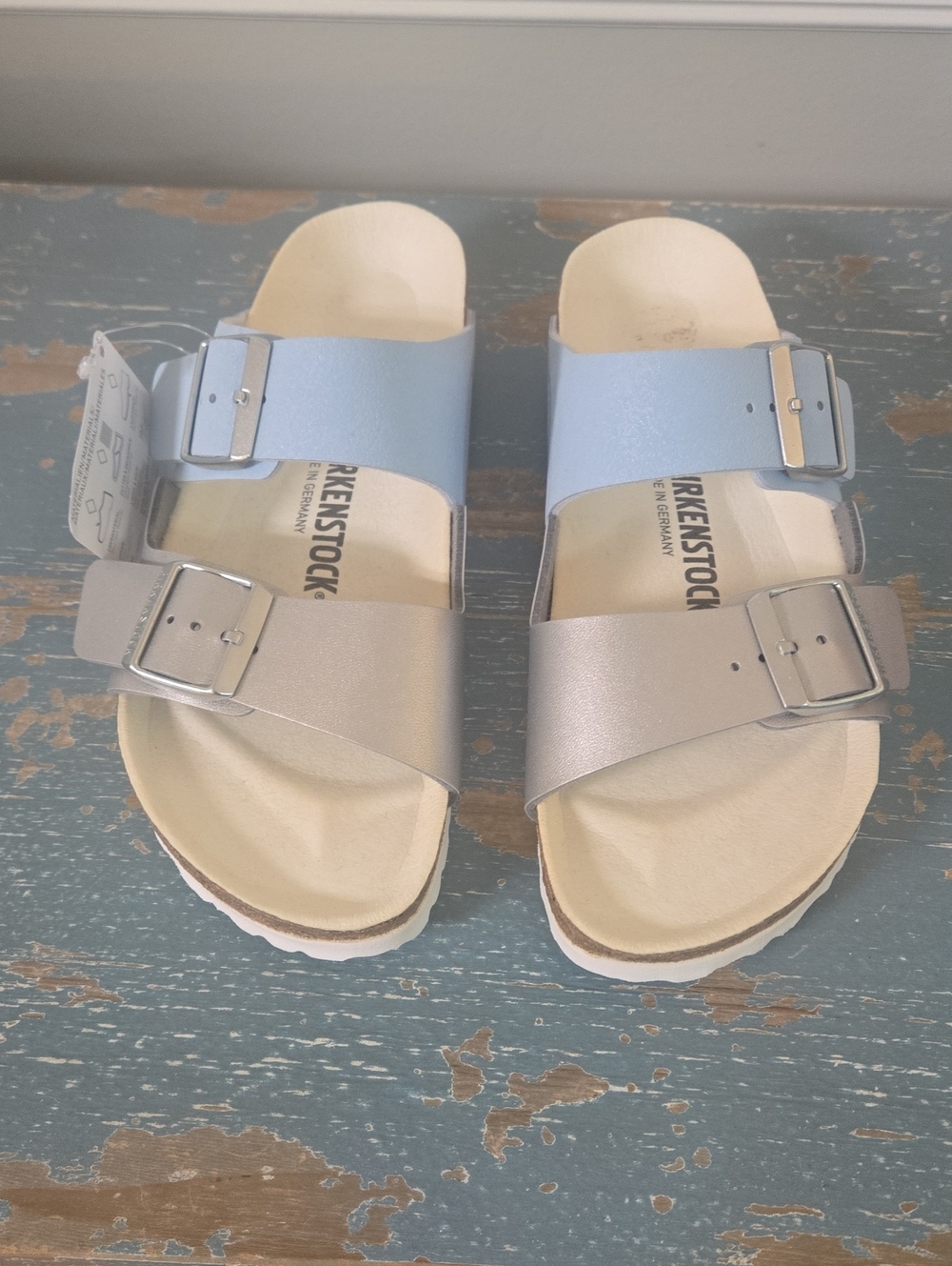 Birkenstock Arizona Split Sandals in Light Blue and Silver